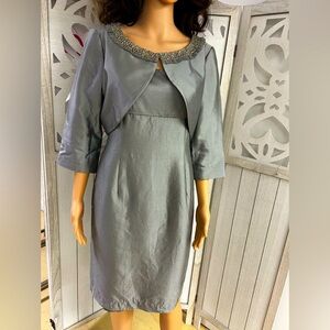 Adrianna Papell Occasions Steel Gray Silk Dress with Sequined Bolero Sz 10